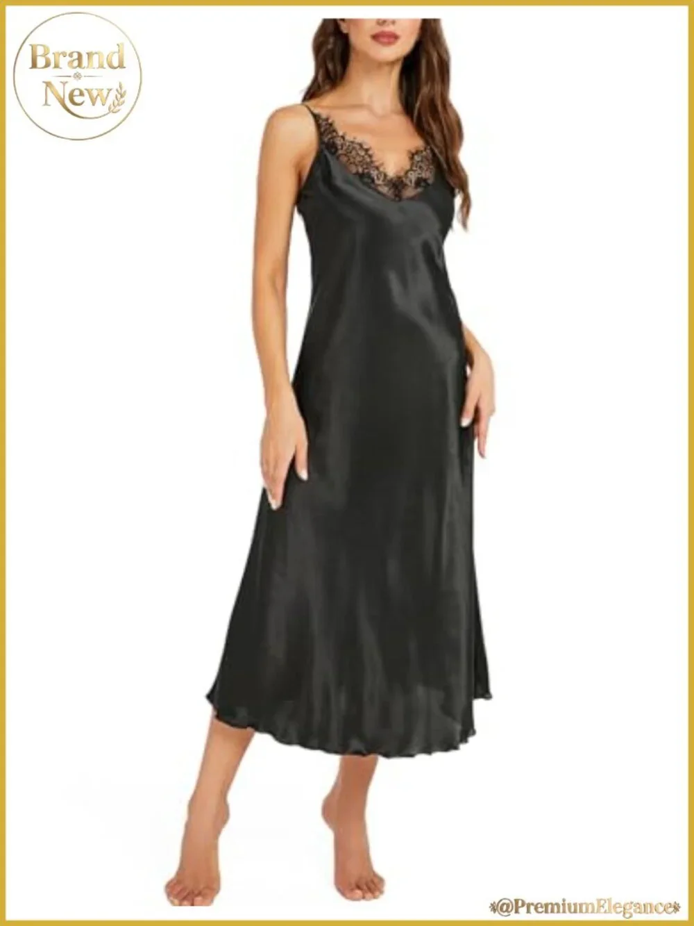 Women's Satin Nightgown Long Slip Dress Lace Trim Adjustable Spaghetti Strap